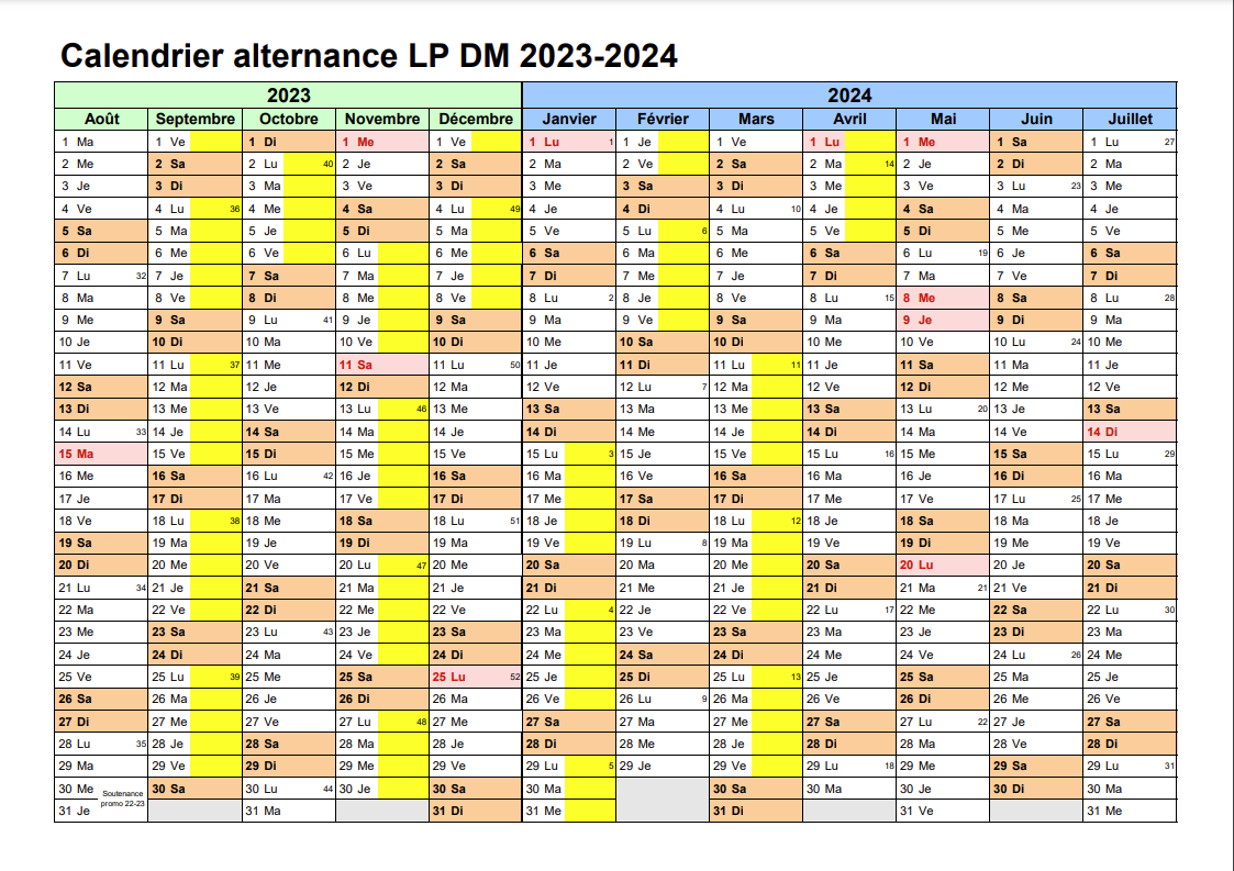 Calendrier Alternance LP DATA 2023-2024